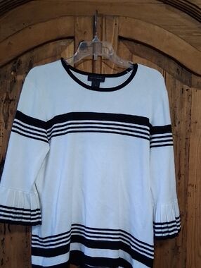 Investments White and Black Striped Ruffle-Sleeve Sweater